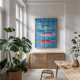 Fun Sardines IV by Becky Thorns. shown as a print in a natural wood frame in a dining room. Available as a archival giclee rolled canvas, fine art paper, or poster print. SKU 103711h.
