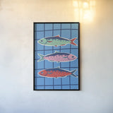 Fun Sardines IV by Becky Thorns. shown as a paper print in a black flame. Available as a archival giclee rolled canvas, fine art paper, or poster print. SKU 103711h.