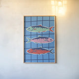 Fun Sardines IV by Becky Thorns. shown as a paper print in a natural frame. Available as a archival giclee rolled canvas, fine art paper, or poster print. SKU 103711h.