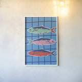 Fun Sardines IV by Becky Thorns. shown as a paper print in a white frame. Available as a archival giclee rolled canvas, fine art paper, or poster print. SKU 103711h.