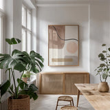 Geo Abstract I Neutral Pink by Becky Thorns. shown as a print in a natural wood frame in a dining room. Available as a archival giclee rolled canvas, fine art paper, or poster print. SKU 67077h.