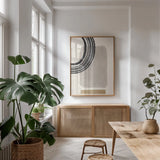 Geo Abstract III Neutral Pink by Becky Thorns. shown as a print in a natural wood frame in a dining room. Available as a archival giclee rolled canvas, fine art paper, or poster print. SKU 67079h.