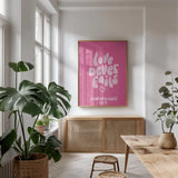 Good Word I Pink by Becky Thorns. shown as a print in a natural wood frame in a dining room. Available as a archival giclee rolled canvas, fine art paper, or poster print. SKU 97020h.