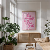 Good Word II Pink by Becky Thorns. shown as a print in a natural wood frame in a dining room. Available as a archival giclee rolled canvas, fine art paper, or poster print. SKU 97021h.