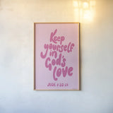 Good Word II Pink by Becky Thorns. shown as a paper print in a natural frame. Available as a archival giclee rolled canvas, fine art paper, or poster print. SKU 97021h.