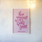 Good Word II Pink by Becky Thorns. shown as a paper print in a white frame. Available as a archival giclee rolled canvas, fine art paper, or poster print. SKU 97021h.