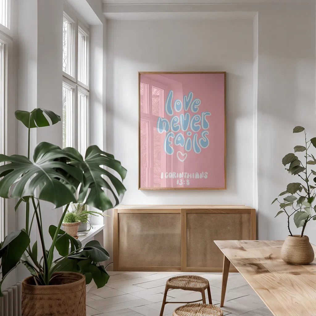 Good Words III by Becky Thorns. shown as a print in a natural wood frame in a dining room. Available as a archival giclee rolled canvas, fine art paper, or poster print. SKU 83996h.