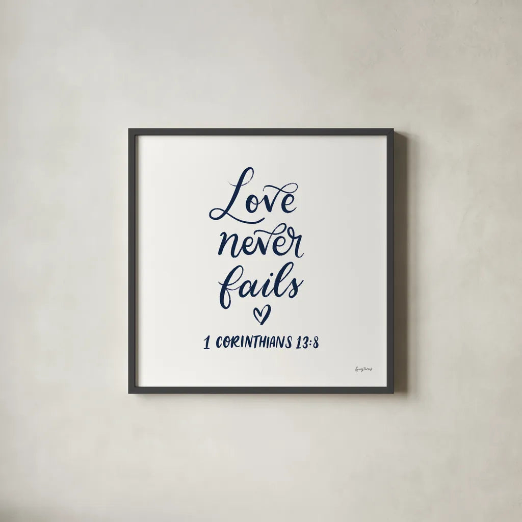 Good Words V Navy Sq by Becky Thorns. Shown in a sleek black glass frame for a contemporary gallery look. Available as an archival giclee rolled canvas, fine art paper, or poster print. SKU 85615a.