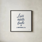 Good Words V Navy Sq by Becky Thorns. Shown in a sleek black glass frame for a contemporary gallery look. Available as an archival giclee rolled canvas, fine art paper, or poster print. SKU 85615a.