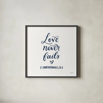 Good Words V Navy Sq by Becky Thorns. Shown in a sleek black glass frame for a contemporary gallery look. Available as an archival giclee rolled canvas, fine art paper, or poster print. SKU 85615a.