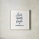 Good Words V Navy Sq by Becky Thorns. Shown in a crisp white glass frame for a clean and minimalist style. Available as an archival giclee rolled canvas, fine art paper, or poster print. SKU 85615a.
