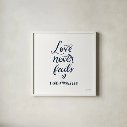 Good Words V Navy Sq by Becky Thorns. Shown in a crisp white glass frame for a clean and minimalist style. Available as an archival giclee rolled canvas, fine art paper, or poster print. SKU 85615a.