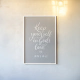 Good Words VI Gray by Becky Thorns. shown as a paper print in a white frame. Available as a archival giclee rolled canvas, fine art paper, or poster print. SKU 84292h.