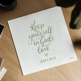 Good Words VI Sage Sq by Becky Thorns. Shown as a detailed flat fine art print, highlighting archival giclee quality. Available as an archival giclee rolled canvas, fine art paper, or poster print. SKU 85616a.