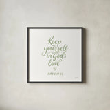 Good Words VI Sage Sq by Becky Thorns. Shown in a sleek black glass frame for a contemporary gallery look. Available as an archival giclee rolled canvas, fine art paper, or poster print. SKU 85616a.