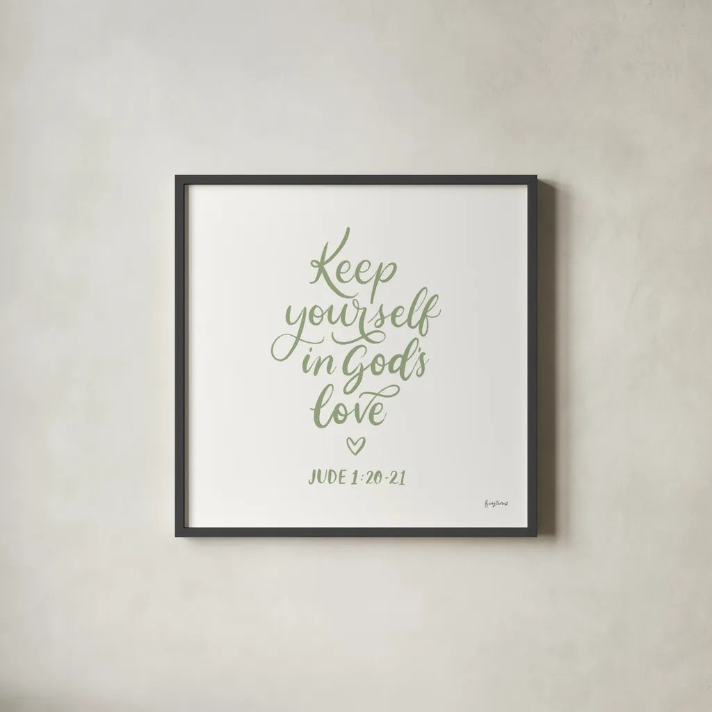 Good Words VI Sage Sq by Becky Thorns. Shown in a sleek black glass frame for a contemporary gallery look. Available as an archival giclee rolled canvas, fine art paper, or poster print. SKU 85616a.