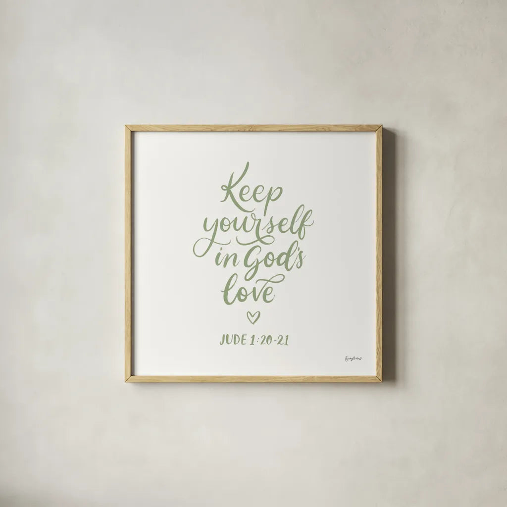 Good Words VI Sage Sq by Becky Thorns. Shown in a natural wood glass frame for a timeless modern aesthetic. Available as an archival giclee rolled canvas, fine art paper, or poster print. SKU 85616a.