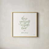 Good Words VI Sage Sq by Becky Thorns. Shown in a natural wood glass frame for a timeless modern aesthetic. Available as an archival giclee rolled canvas, fine art paper, or poster print. SKU 85616a.