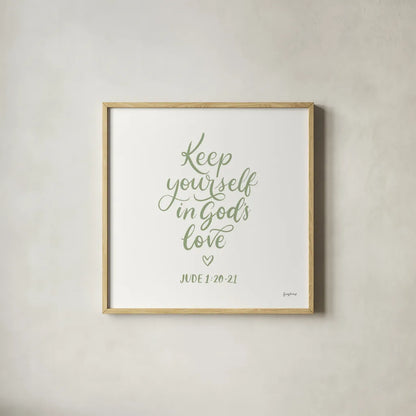 Good Words VI Sage Sq by Becky Thorns. Shown in a natural wood glass frame for a timeless modern aesthetic. Available as an archival giclee rolled canvas, fine art paper, or poster print. SKU 85616a.