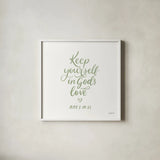 Good Words VI Sage Sq by Becky Thorns. Shown in a crisp white glass frame for a clean and minimalist style. Available as an archival giclee rolled canvas, fine art paper, or poster print. SKU 85616a.