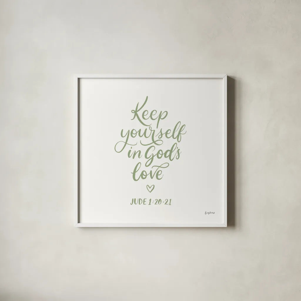Good Words VI Sage Sq by Becky Thorns. Shown in a crisp white glass frame for a clean and minimalist style. Available as an archival giclee rolled canvas, fine art paper, or poster print. SKU 85616a.