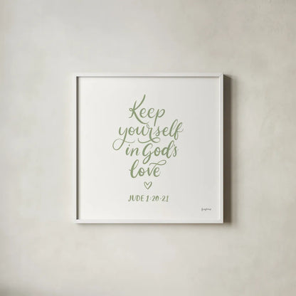 Good Words VI Sage Sq by Becky Thorns. Shown in a crisp white glass frame for a clean and minimalist style. Available as an archival giclee rolled canvas, fine art paper, or poster print. SKU 85616a.