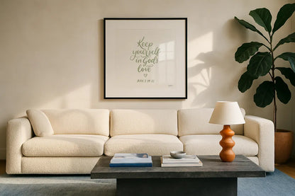 Good Words VI Sage Sq by Becky Thorns. Displayed in a glass frame with matte in a clean modern living room. Available as an archival giclee rolled canvas, fine art paper, or poster print. SKU 85616a.