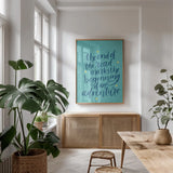 Graduation III Aqua by Becky Thorns. shown as a print in a natural wood frame in a dining room. Available as a archival giclee rolled canvas, fine art paper, or poster print. SKU 59198h.