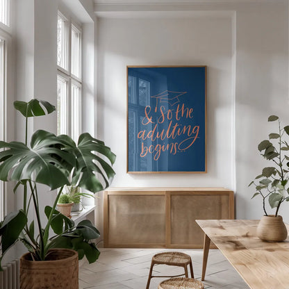 Graduation IV Blue by Becky Thorns. shown as a print in a natural wood frame in a dining room. Available as a archival giclee rolled canvas, fine art paper, or poster print. SKU 59199h.