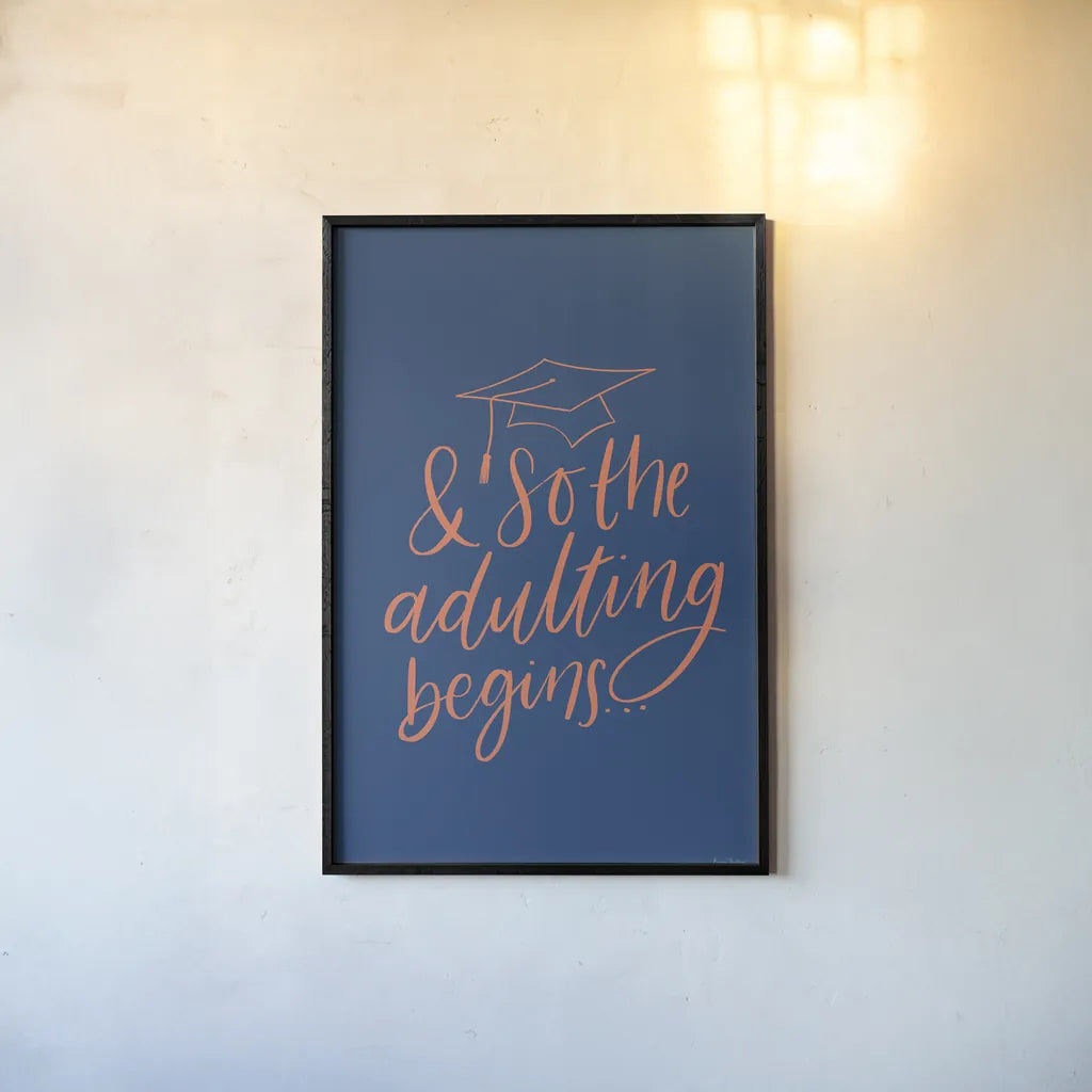 Graduation IV Blue by Becky Thorns. shown as a paper print in a black flame. Available as a archival giclee rolled canvas, fine art paper, or poster print. SKU 59199h.