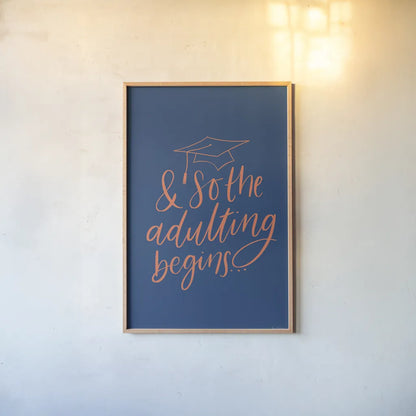 Graduation IV Blue by Becky Thorns. shown as a paper print in a natural frame. Available as a archival giclee rolled canvas, fine art paper, or poster print. SKU 59199h.