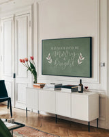 Green Christmas I by Becky Thorns. shown as a framed stretched canvas in a living room above a console. Available as a archival giclee rolled canvas, fine art paper, or poster print. SKU 73290i.