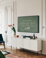 Green Christmas IV by Becky Thorns. shown as a framed stretched canvas in a living room above a console. Available as a archival giclee rolled canvas, fine art paper, or poster print. SKU 73291i.