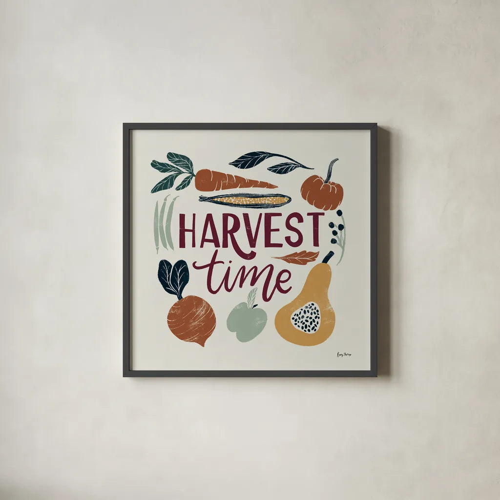 Harvest Lettering I by Becky Thorns. Shown in a sleek black glass frame for a contemporary gallery look. Available as an archival giclee rolled canvas, fine art paper, or poster print. SKU 75117a.