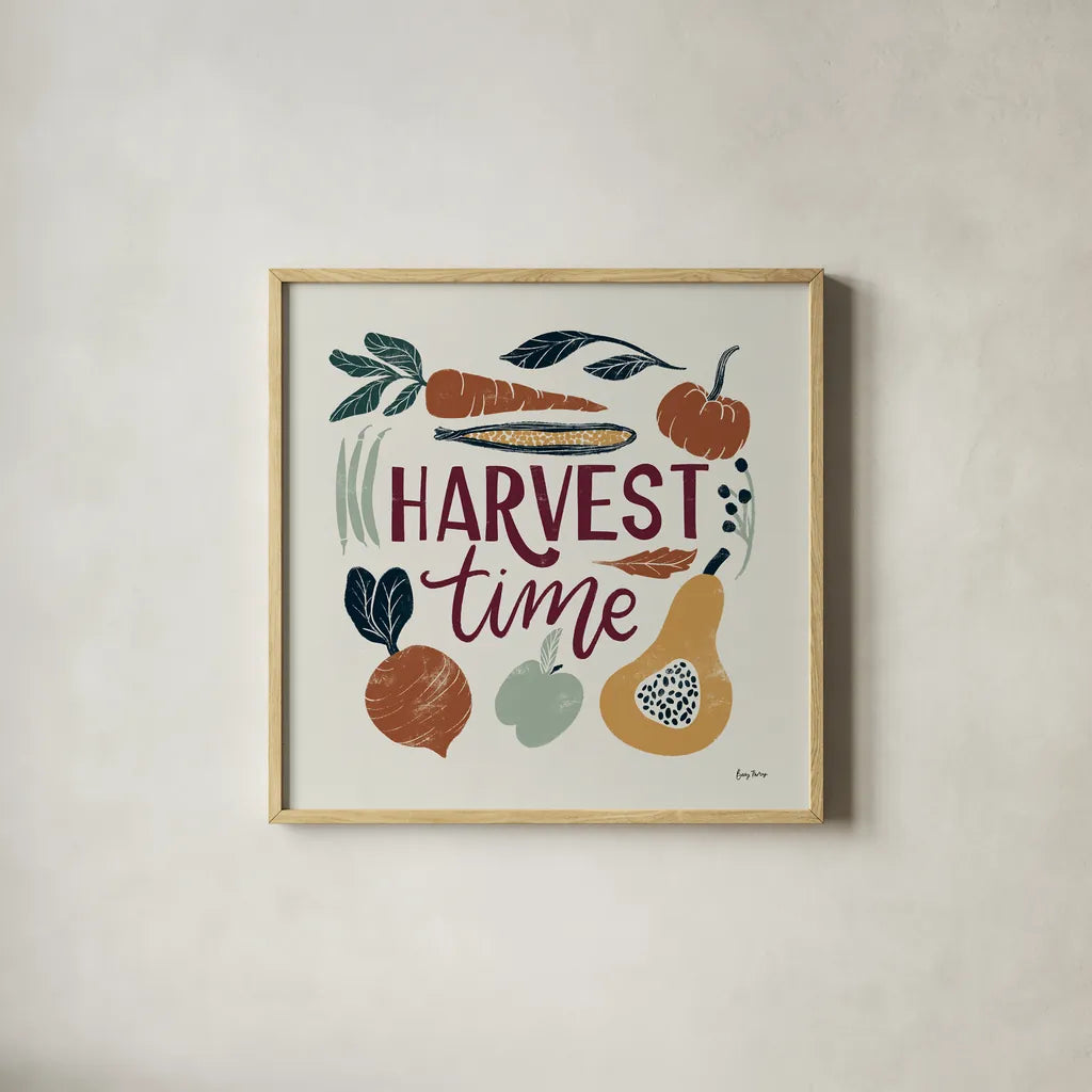 Harvest Lettering I by Becky Thorns. Shown in a natural wood glass frame for a timeless modern aesthetic. Available as an archival giclee rolled canvas, fine art paper, or poster print. SKU 75117a.