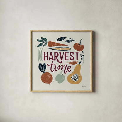 Harvest Lettering I by Becky Thorns. Shown in a natural wood glass frame for a timeless modern aesthetic. Available as an archival giclee rolled canvas, fine art paper, or poster print. SKU 75117a.