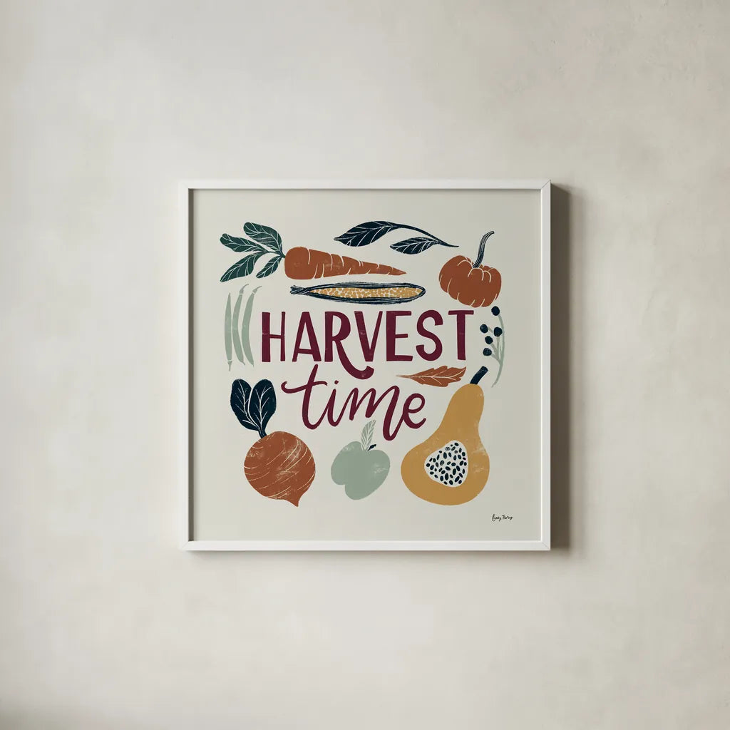 Harvest Lettering I by Becky Thorns. Shown in a crisp white glass frame for a clean and minimalist style. Available as an archival giclee rolled canvas, fine art paper, or poster print. SKU 75117a.