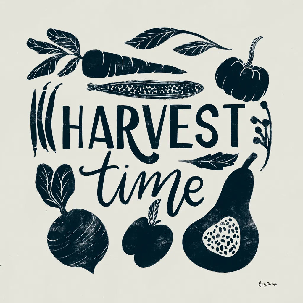 Harvest Lettering I Blue by Becky Thorns. SKU 75121a. Archival Giclee Fine art print for wall decor.
