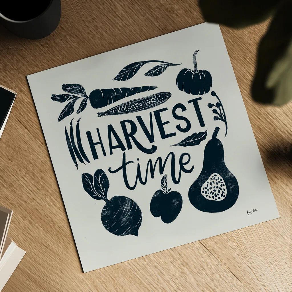 Harvest Lettering I Blue by Becky Thorns. Shown as a detailed flat fine art print, highlighting archival giclee quality. Available as an archival giclee rolled canvas, fine art paper, or poster print. SKU 75121a.