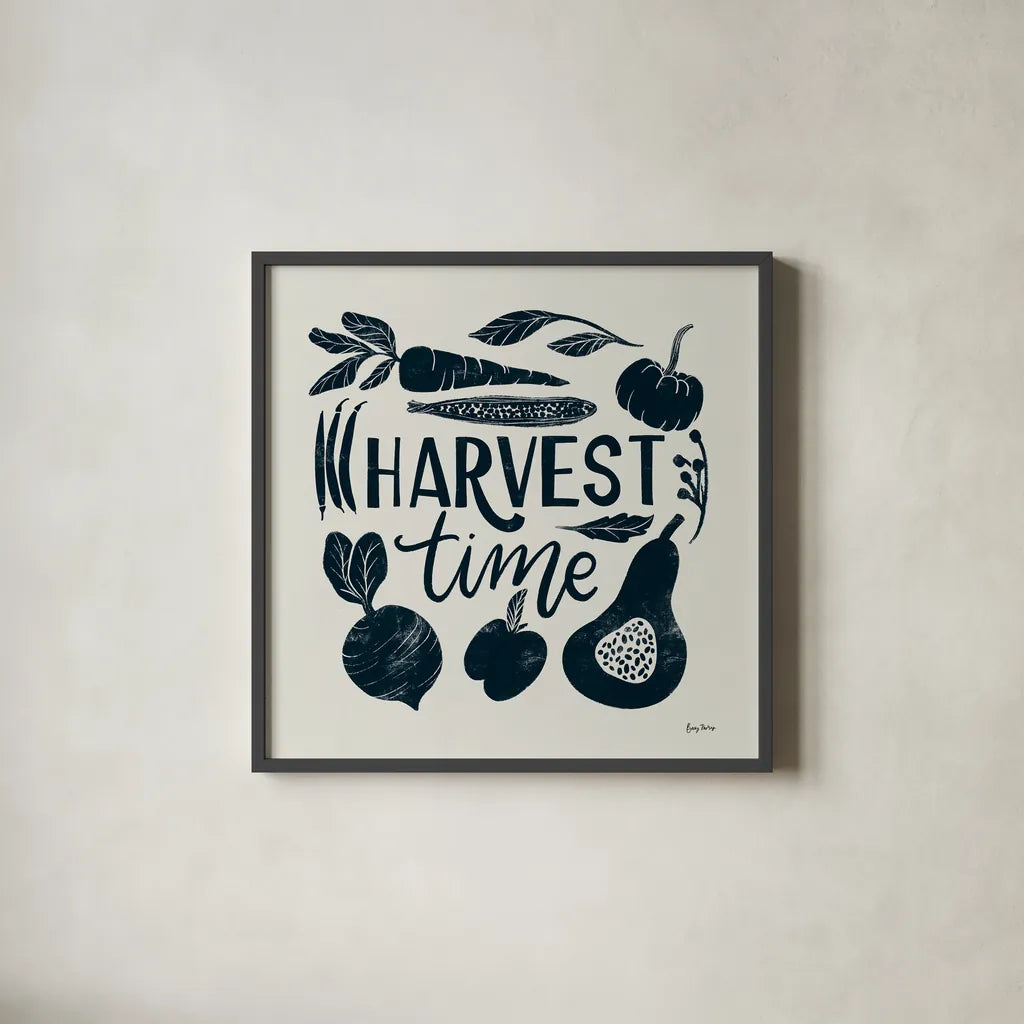 Harvest Lettering I Blue by Becky Thorns. Shown in a sleek black glass frame for a contemporary gallery look. Available as an archival giclee rolled canvas, fine art paper, or poster print. SKU 75121a.