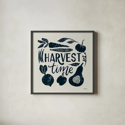 Harvest Lettering I Blue by Becky Thorns. Shown in a sleek black glass frame for a contemporary gallery look. Available as an archival giclee rolled canvas, fine art paper, or poster print. SKU 75121a.