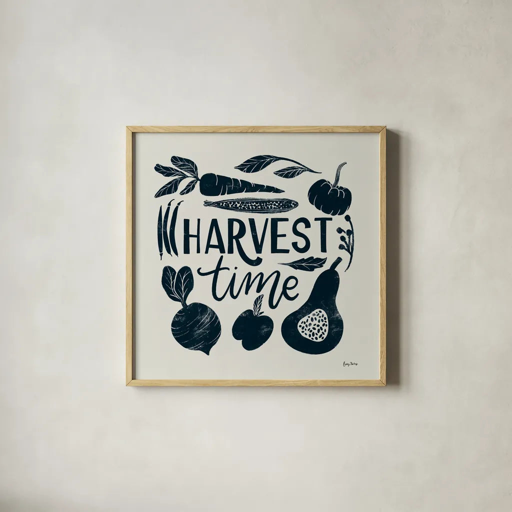 Harvest Lettering I Blue by Becky Thorns. Shown in a natural wood glass frame for a timeless modern aesthetic. Available as an archival giclee rolled canvas, fine art paper, or poster print. SKU 75121a.