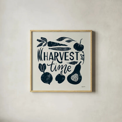 Harvest Lettering I Blue by Becky Thorns. Shown in a natural wood glass frame for a timeless modern aesthetic. Available as an archival giclee rolled canvas, fine art paper, or poster print. SKU 75121a.