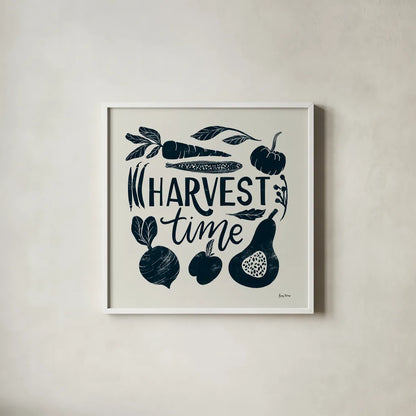 Harvest Lettering I Blue by Becky Thorns. Shown in a crisp white glass frame for a clean and minimalist style. Available as an archival giclee rolled canvas, fine art paper, or poster print. SKU 75121a.
