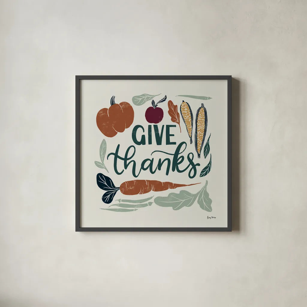 Harvest Lettering II by Becky Thorns. Shown in a sleek black glass frame for a contemporary gallery look. Available as an archival giclee rolled canvas, fine art paper, or poster print. SKU 75118a.