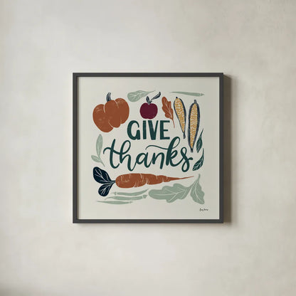 Harvest Lettering II by Becky Thorns. Shown in a sleek black glass frame for a contemporary gallery look. Available as an archival giclee rolled canvas, fine art paper, or poster print. SKU 75118a.