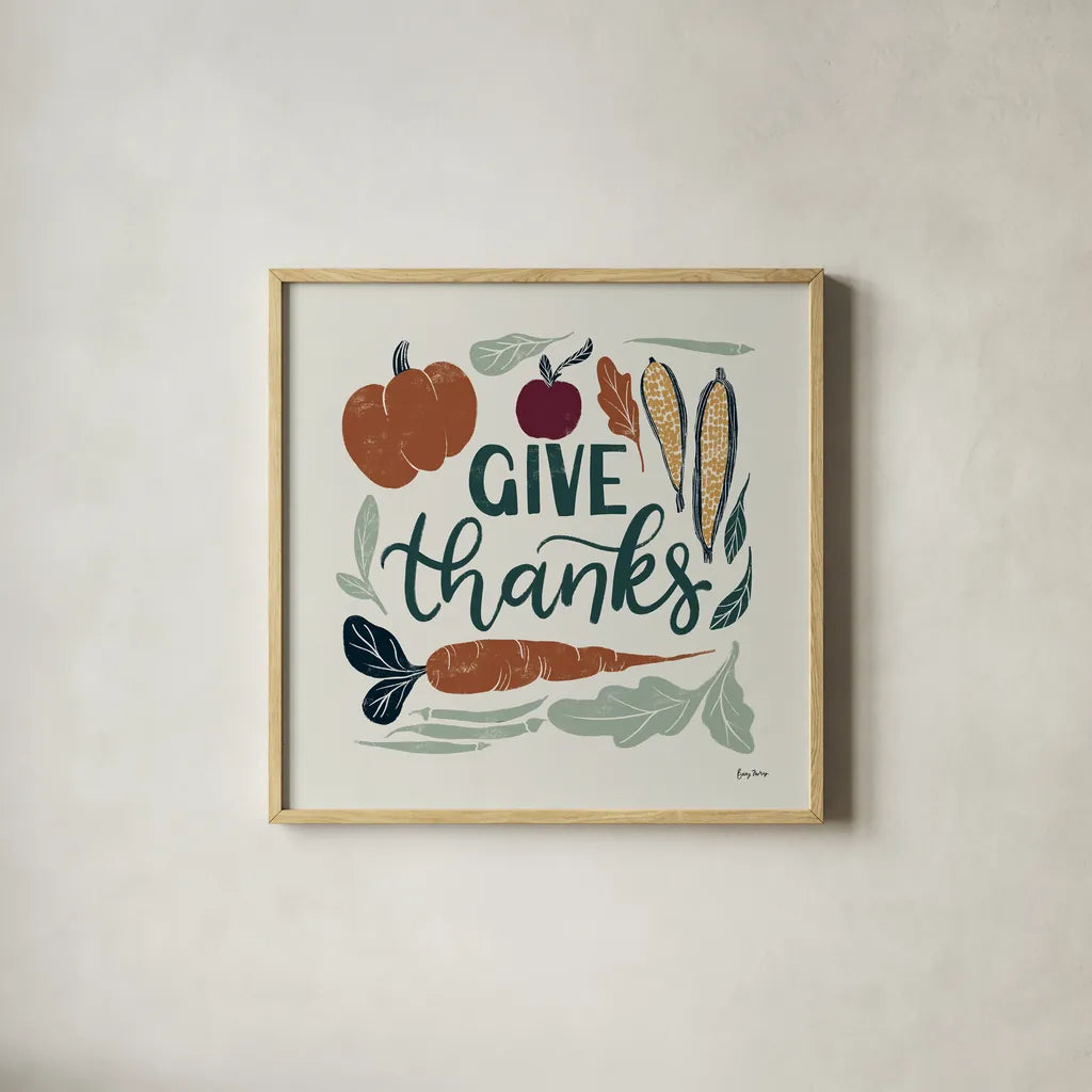 Harvest Lettering II by Becky Thorns. Shown in a natural wood glass frame for a timeless modern aesthetic. Available as an archival giclee rolled canvas, fine art paper, or poster print. SKU 75118a.