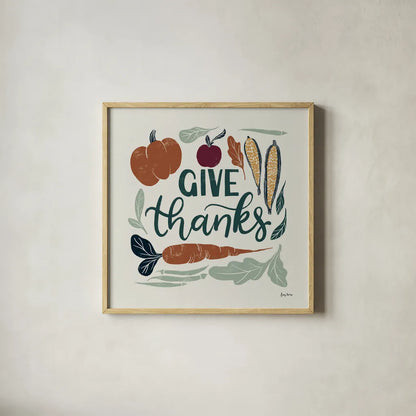 Harvest Lettering II by Becky Thorns. Shown in a natural wood glass frame for a timeless modern aesthetic. Available as an archival giclee rolled canvas, fine art paper, or poster print. SKU 75118a.