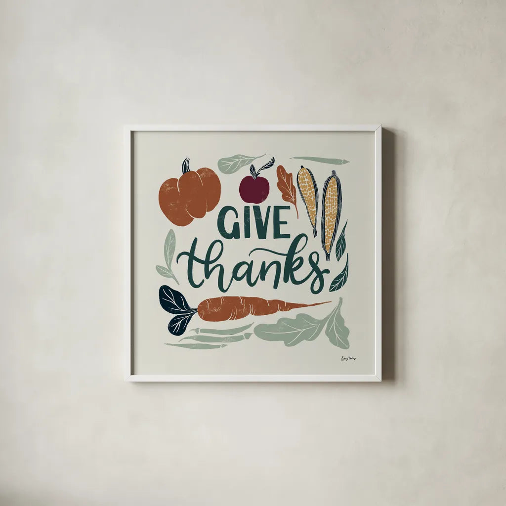 Harvest Lettering II by Becky Thorns. Shown in a crisp white glass frame for a clean and minimalist style. Available as an archival giclee rolled canvas, fine art paper, or poster print. SKU 75118a.