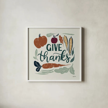 Harvest Lettering II by Becky Thorns. Shown in a crisp white glass frame for a clean and minimalist style. Available as an archival giclee rolled canvas, fine art paper, or poster print. SKU 75118a.